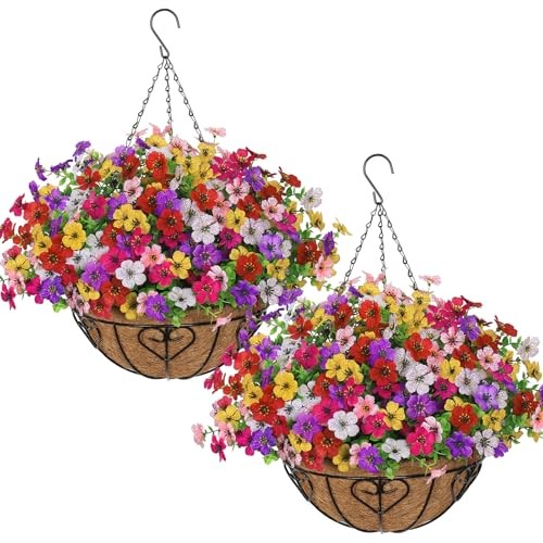 2 Set Artificial Flowers with Hanging Basket, 2 Outdoor 2pcs Azalea 6 Colors
