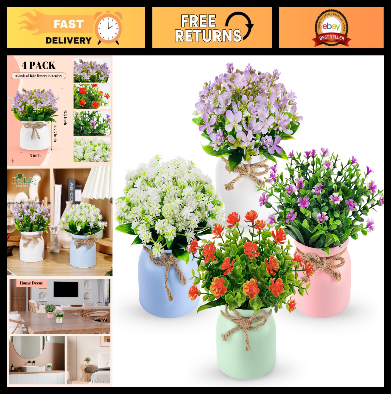 4 Pack Small Artificial Flowers – Faux Plants for Indoor Decor, Centerpieces, We