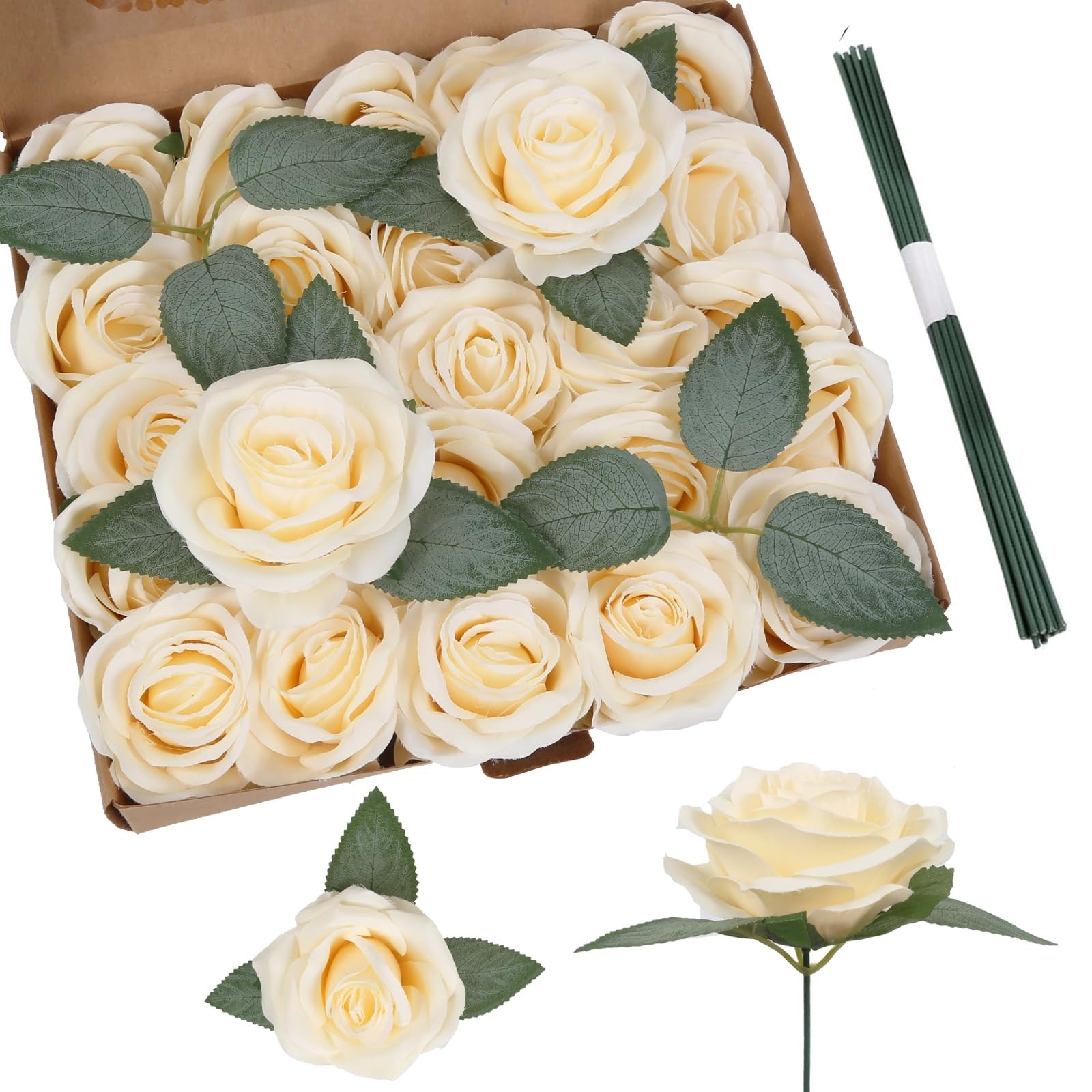 25PCS Champagne Roses Artificial Flowers 3.94″ Large Silk Roses with Stems Re…