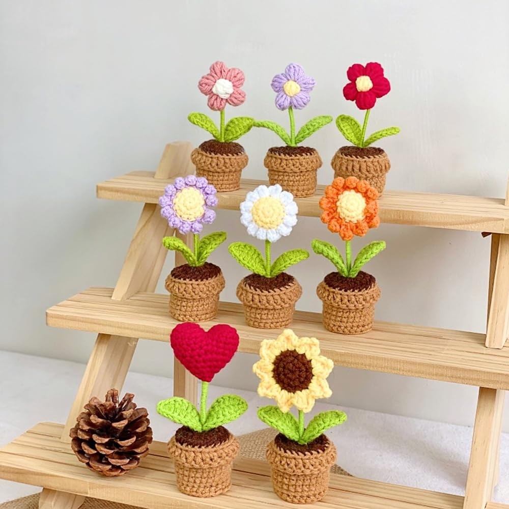 Cute Knitted Flower Plant, Kawaii Handmade Crochet Flowers,Small Potted Artif…