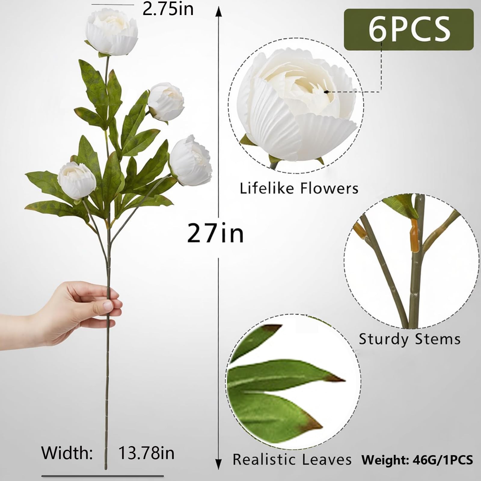 6 Pcs Faux Peonies Artificial Flowers for Vase, 27″ Silk Peonies Faux Peonies…