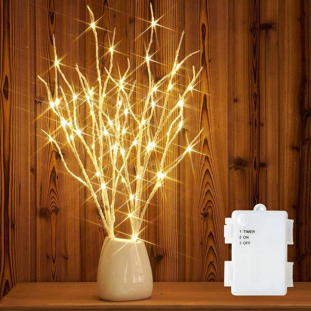 18 In. White Artificial Willow Foliage Lighted Birch Branches with 70 LED Timer