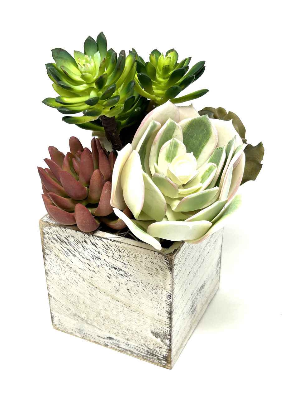 9″ Artificial MAUVE PINK mixed Succulent Garden #17, White Wooden Box Planter