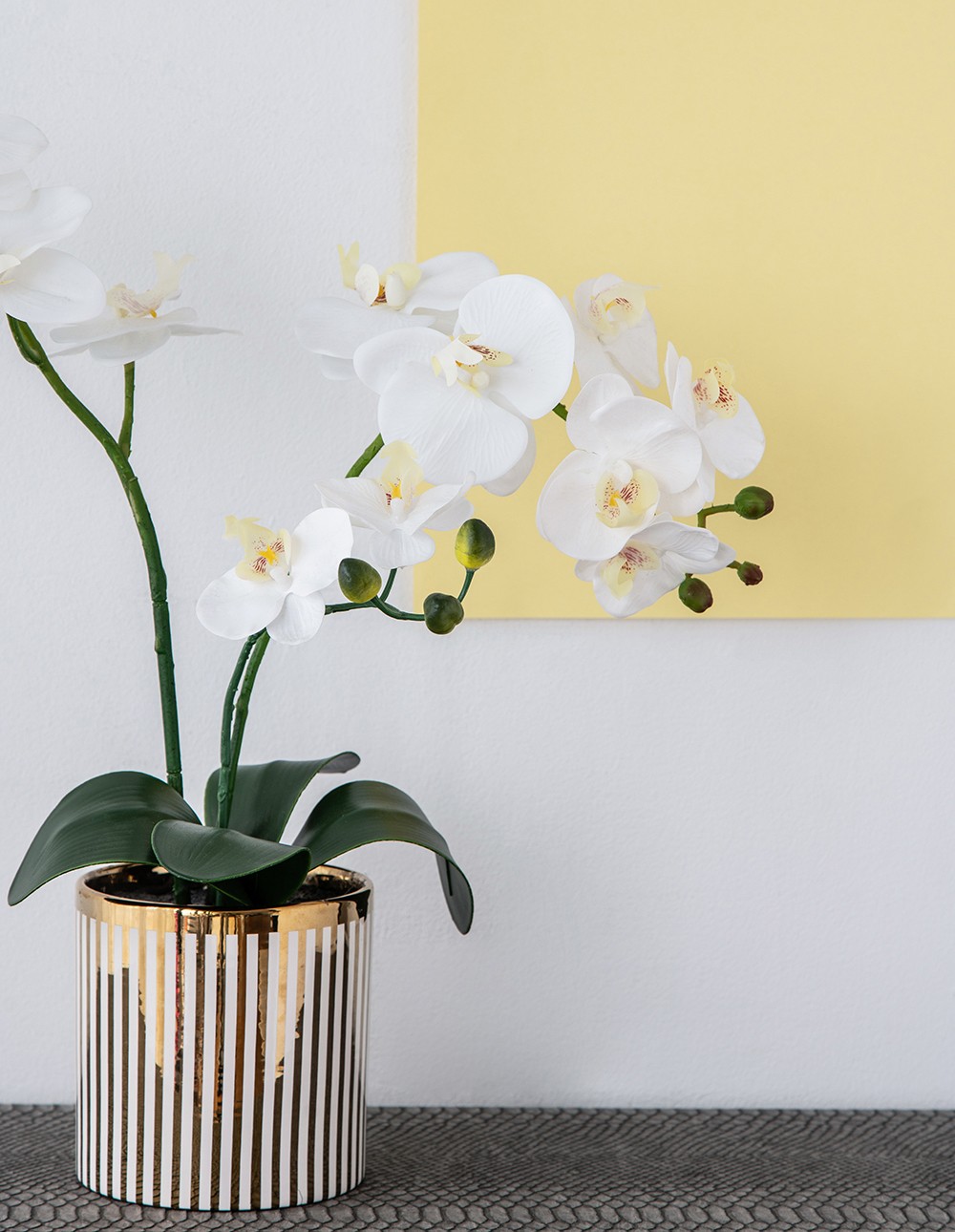 Artificial White Orchid Plant in Gold Striped Pot 20.5″H