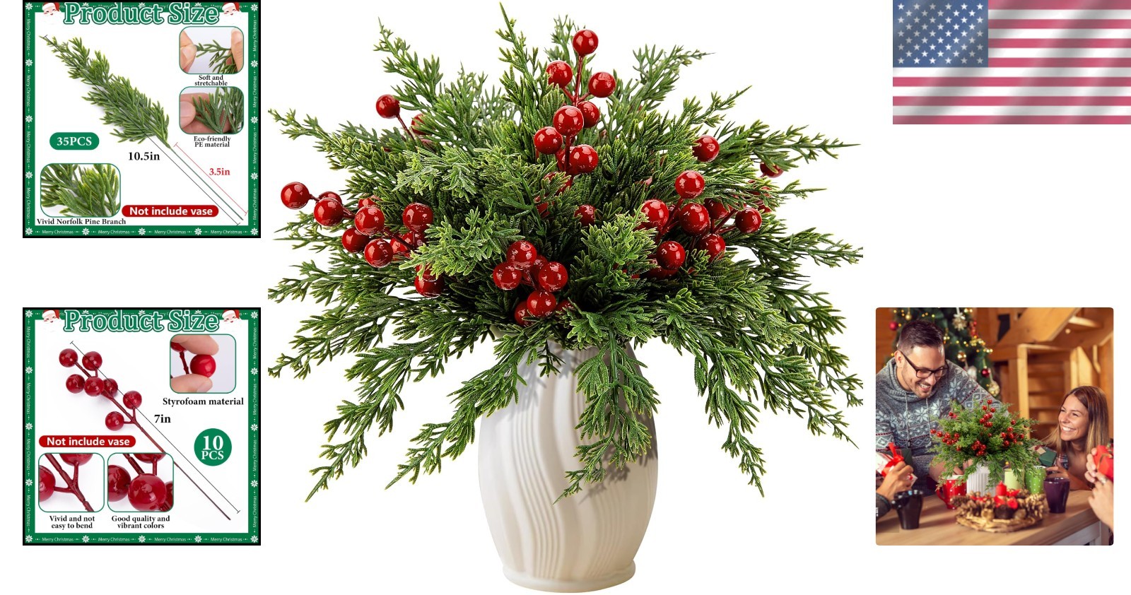 45 Pcs Christmas Artificial Pine Branches with Red Berry Stems, 10.5″ Faux Ev…