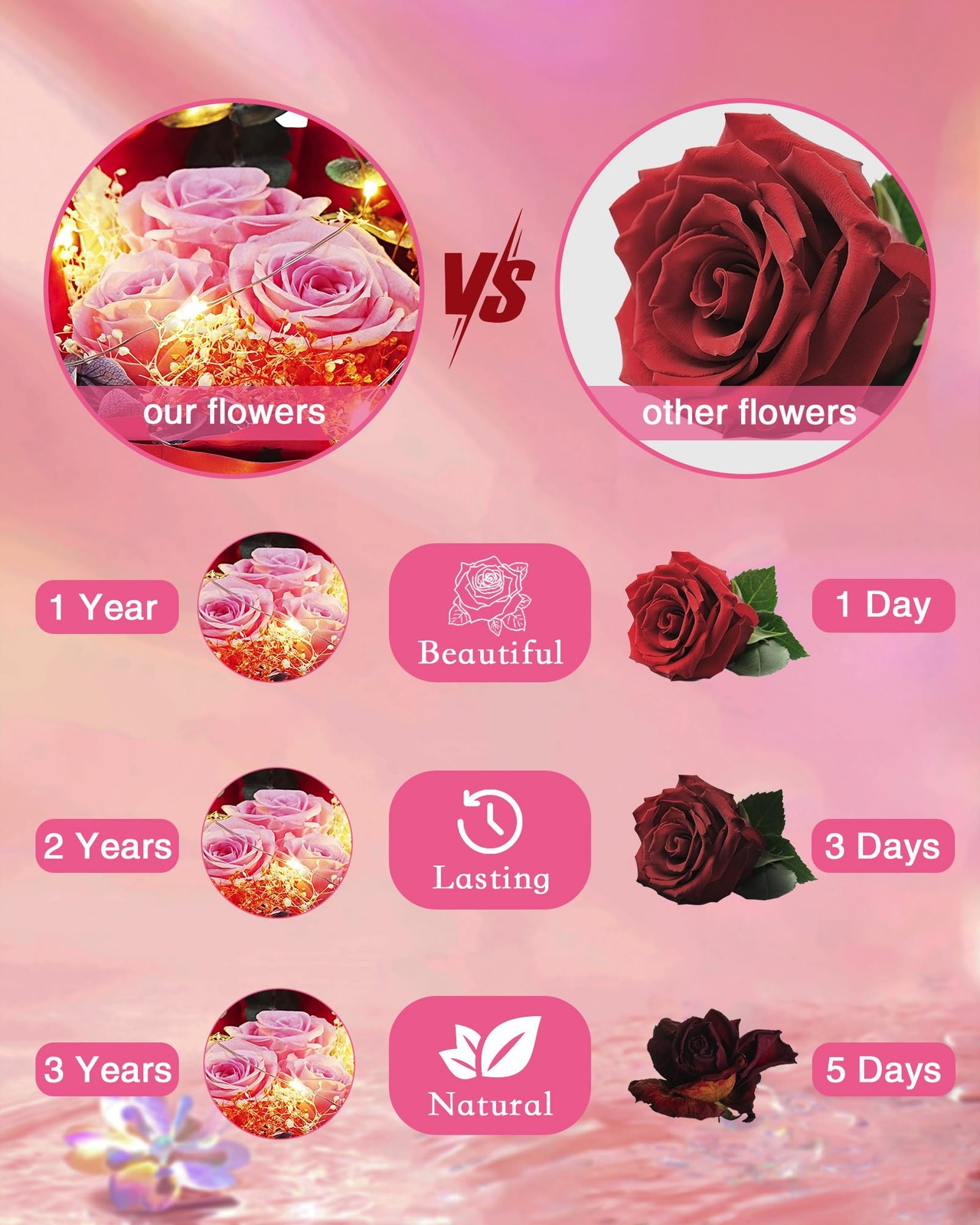 Preserved Flowers in Glass for Her,Pink Real Rose Bouquet with LED Light,Eter…