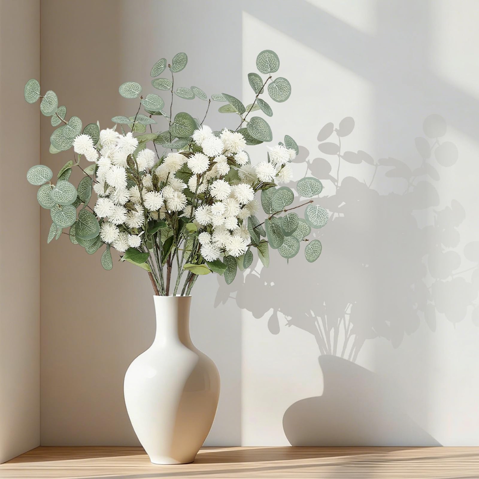 Artificial White Flower Chrysanthemum and Eucalyptus Stems Set,Faux Pom Pom F…