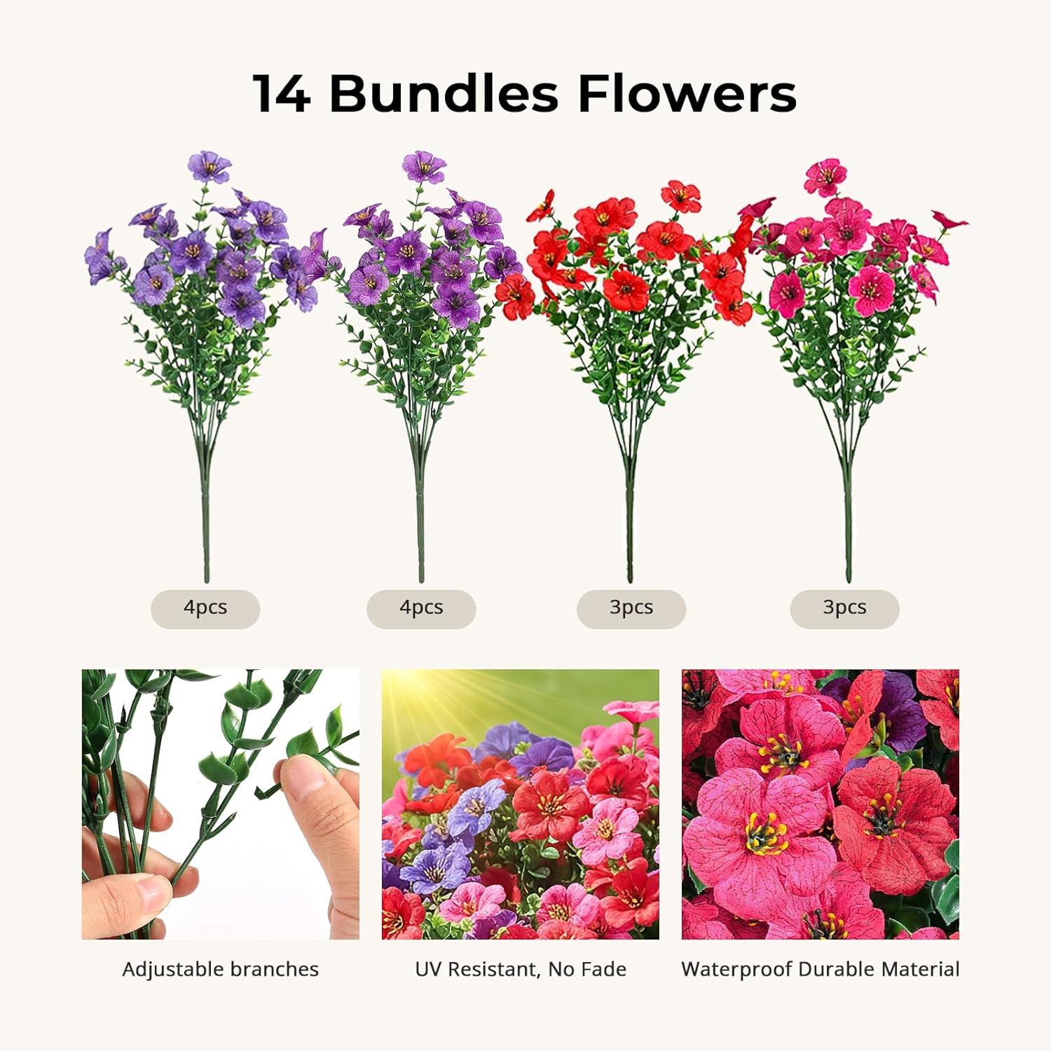 14 Bundles Outdoor Artificial Plants UV 14 PCS Red Rose Red Dark Purple Purple