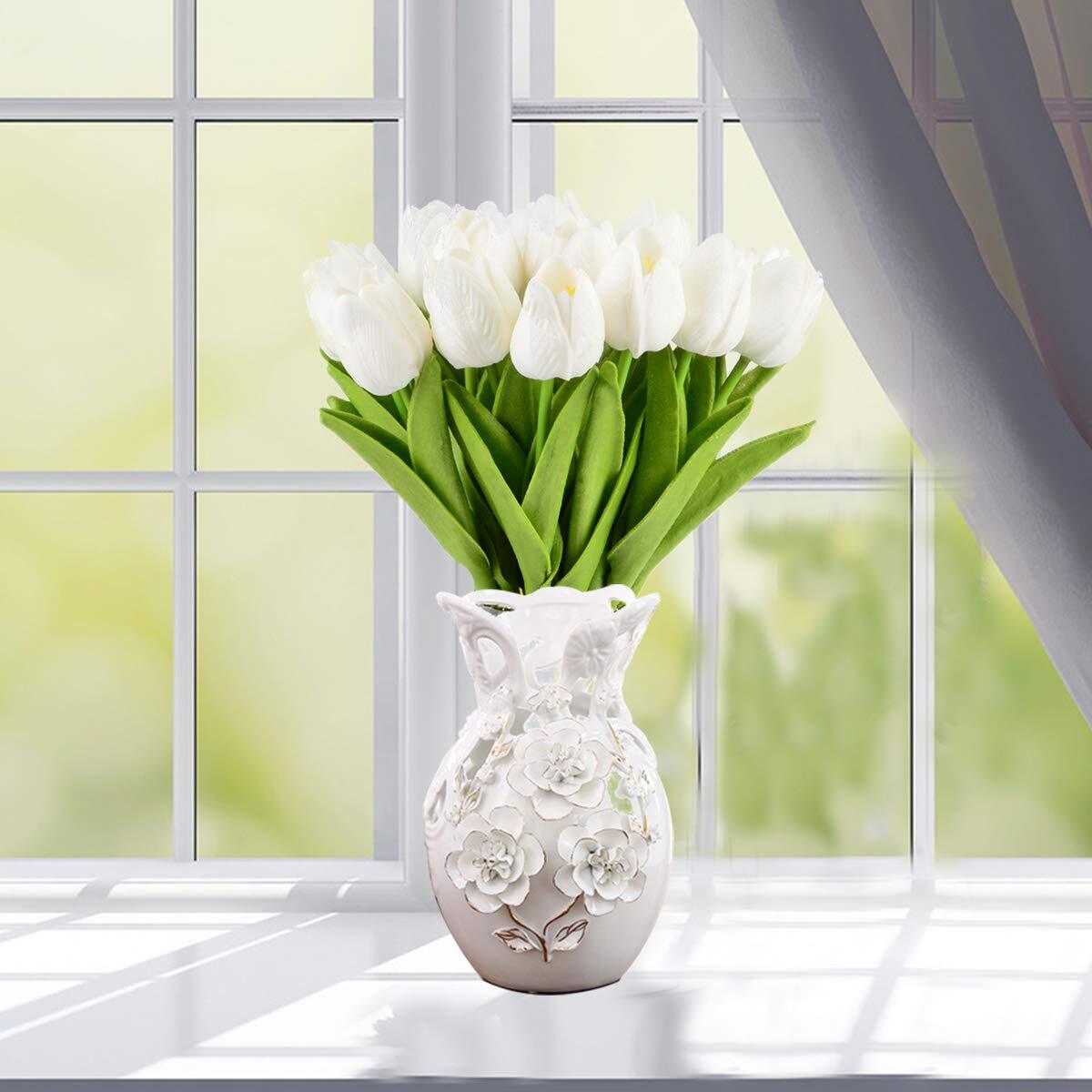 20Pcs Artificial Tulips White Real Touch PU Latex Faux Spring Singh Stem Bouquet