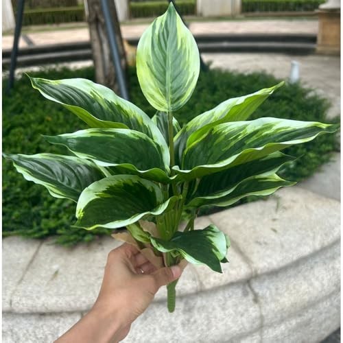 4 Bushes Perennial Hosta Faux Plant – 15.7″ Variegated Green Leaves, Tropical In