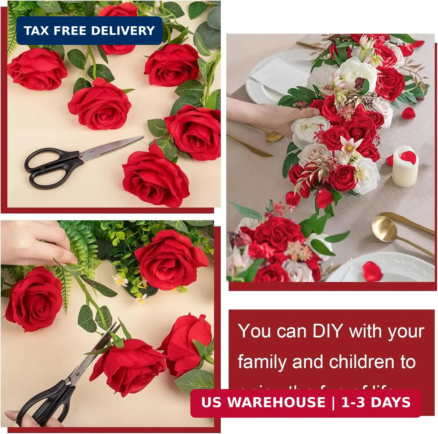 Ouddy Decor 20 Pcs Red Roses Artificial Velvet Silk Flowers Fake Roses Bouquet w