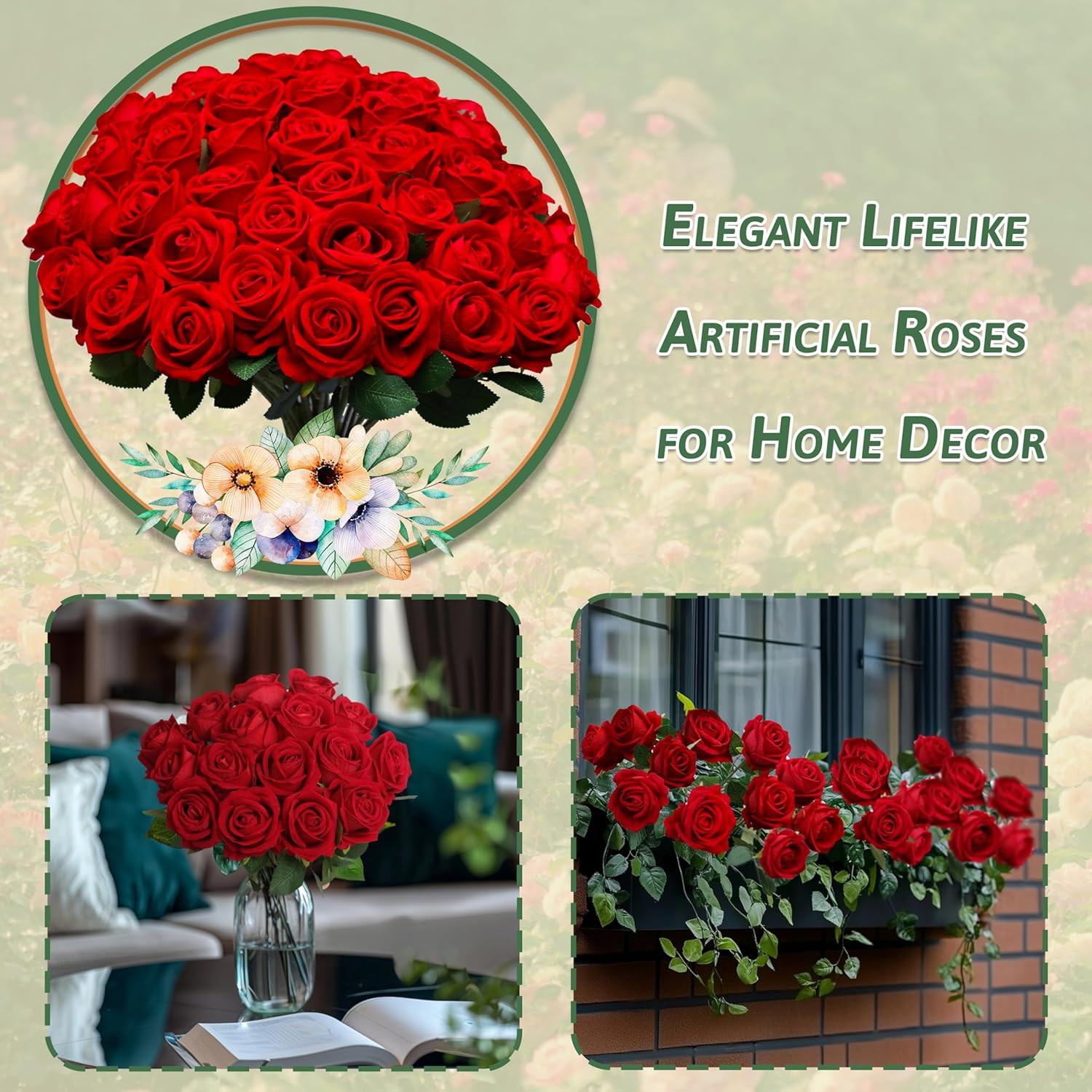 50 PCS Artificial Red Roses – Realistic Silk Flowers for Weddings & Home Decor