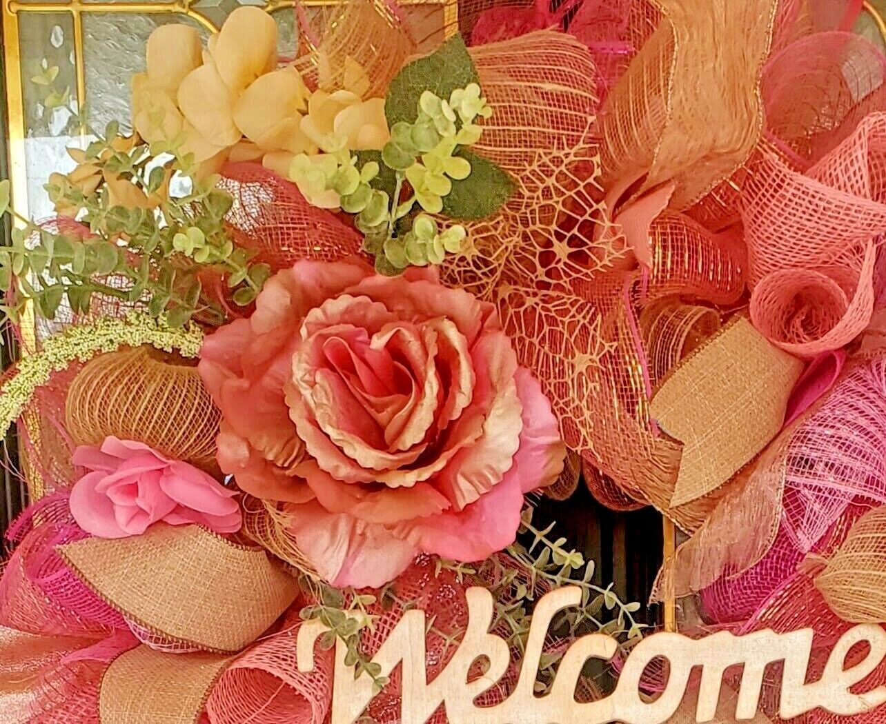 Large Spring Summer Burlap Deco Mesh Wreath Pink Rose Farmhouse Front Door Decor