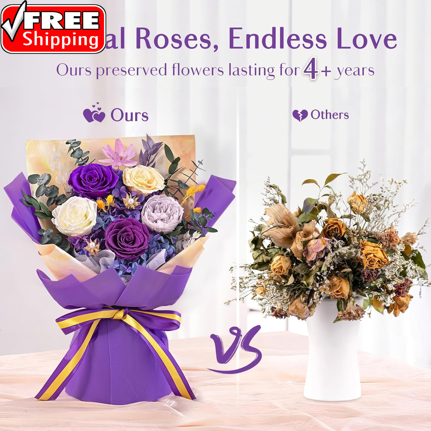 5 Pcs Glitter Purple Preserved Roses Flowers Bouquet, Forever Rose Flowers for D