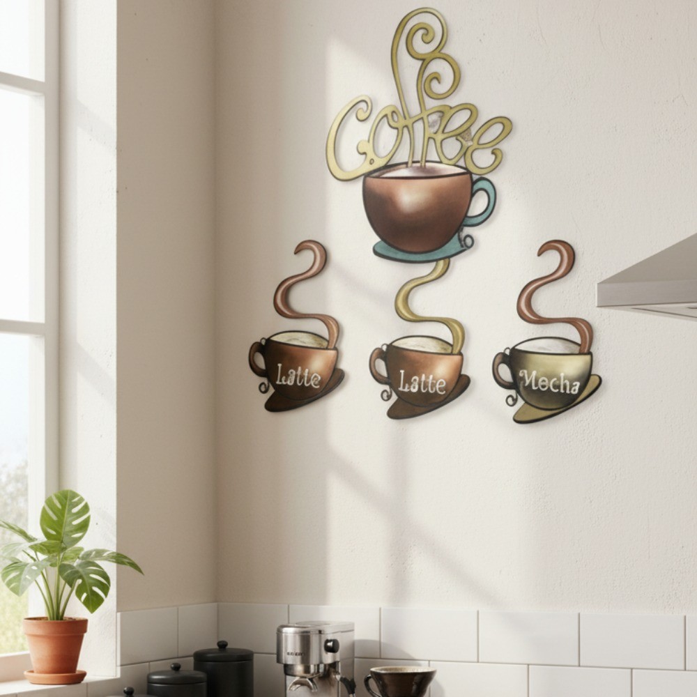 4Pc Reusable Retro Coffee Mug Wall Art Peel & Stick Metal Decor Set