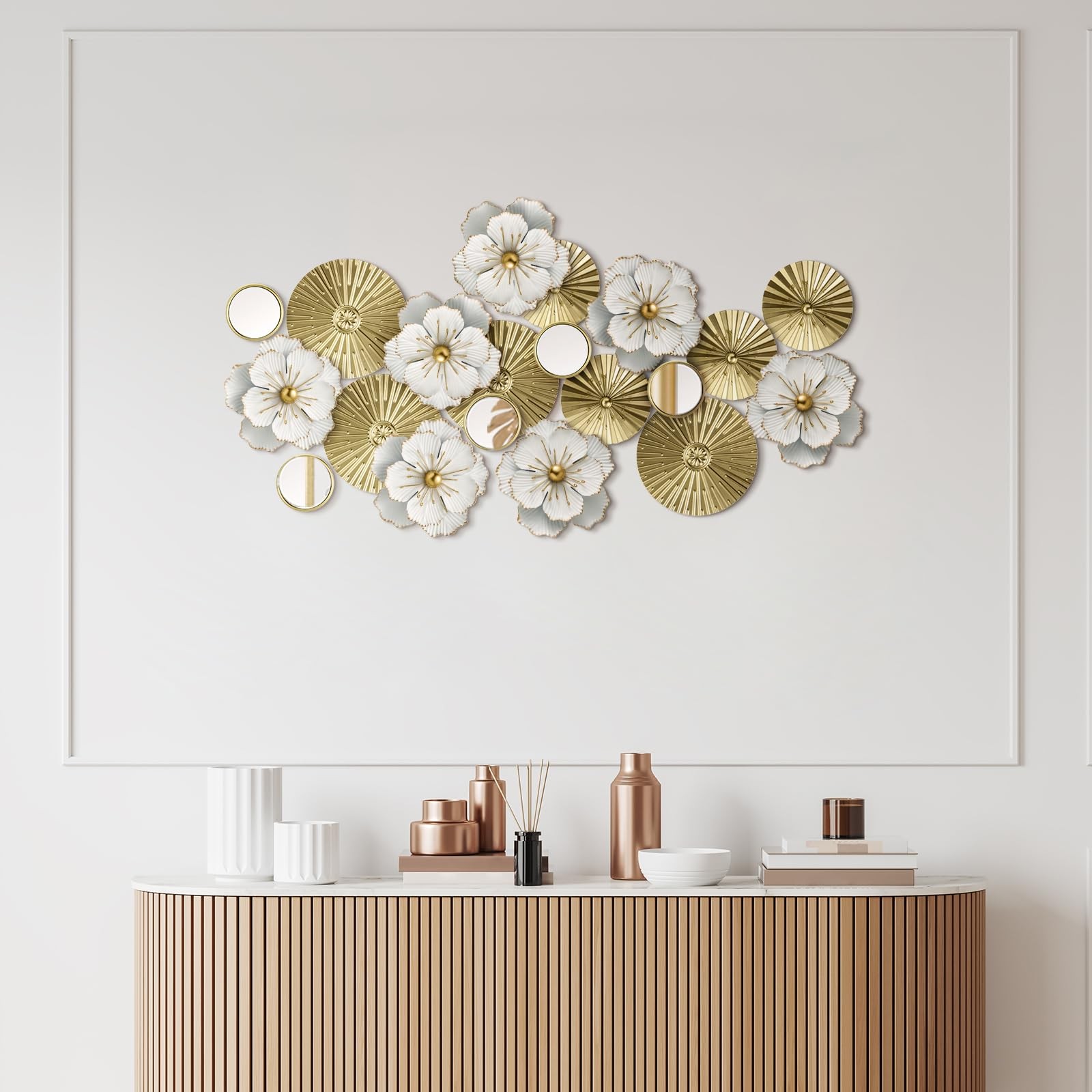 Briwooody Metal Flower Wall Decor Ivory Plates Mirror Flower, Gold