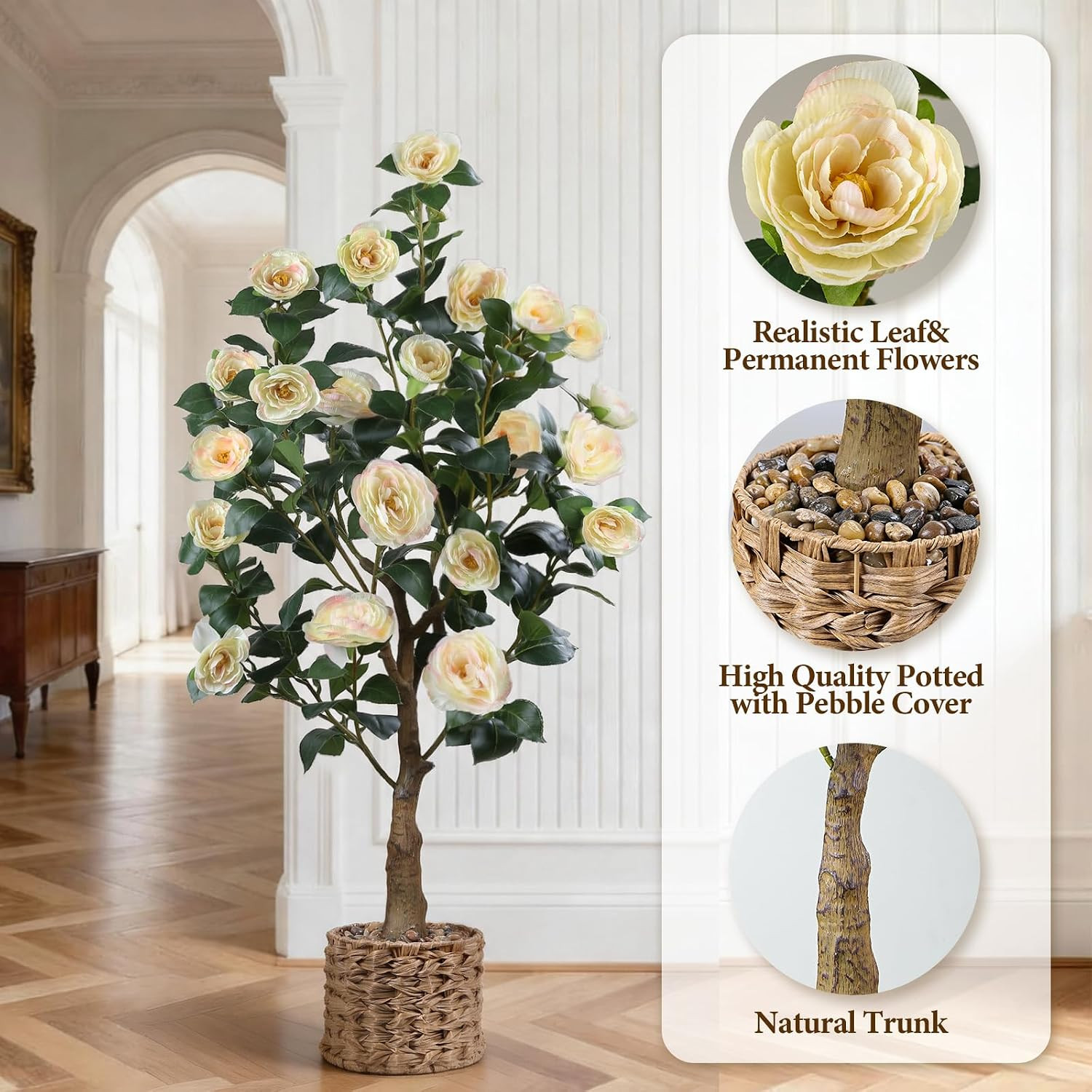 48″ Artificial Camellia Tree 2 Pack, Faux Potted Camellia Flower Tree Fake Camel