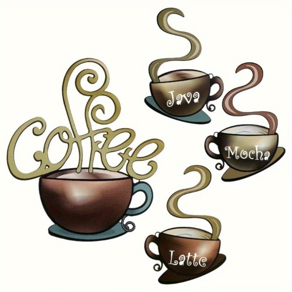 4Pc Reusable Retro Coffee Mug Wall Art Peel & Stick Metal Decor Set