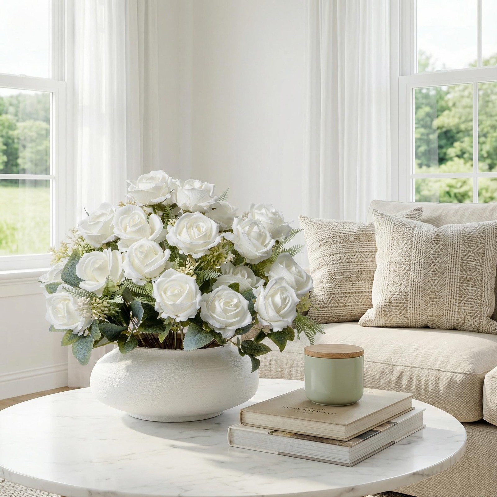 Artificial White Roses – 24 Silk Faux Flowers with Stems for Home Decor, Wedding