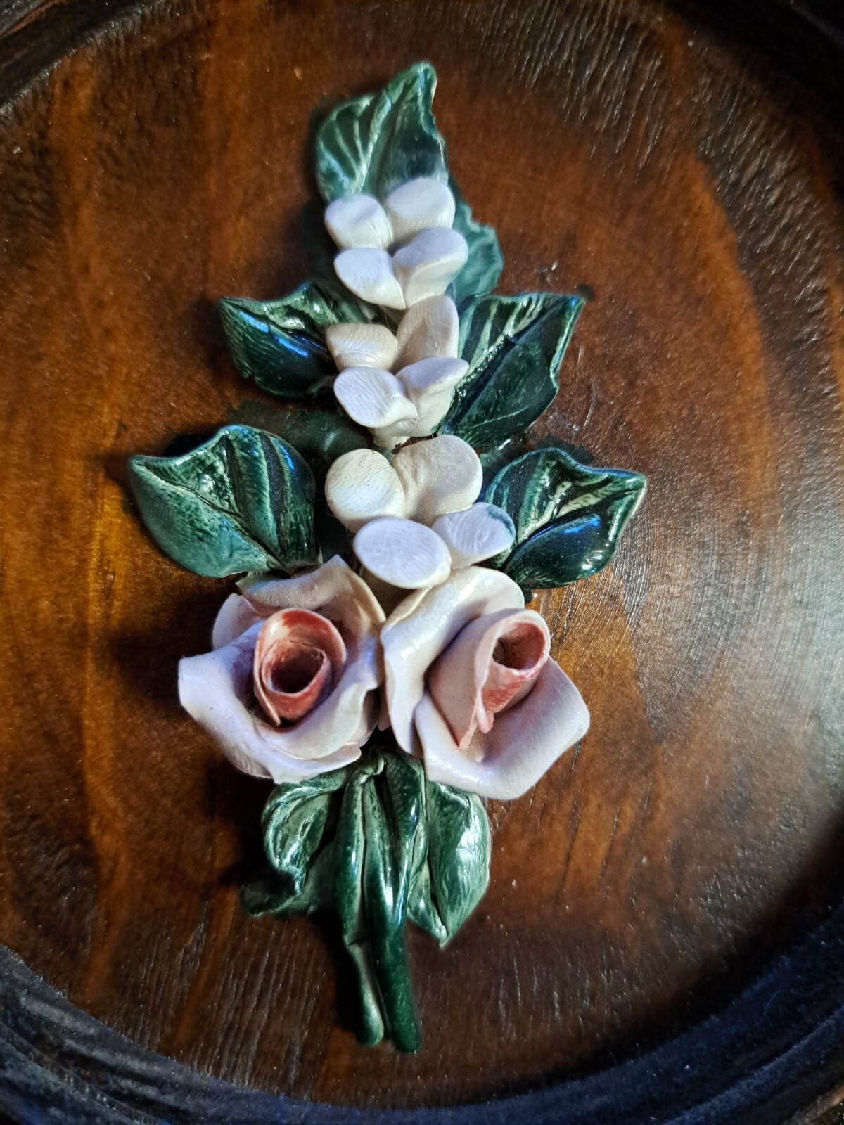 Vintage hand crafted flowers roses art on hand turned dark wood plaques set of 3