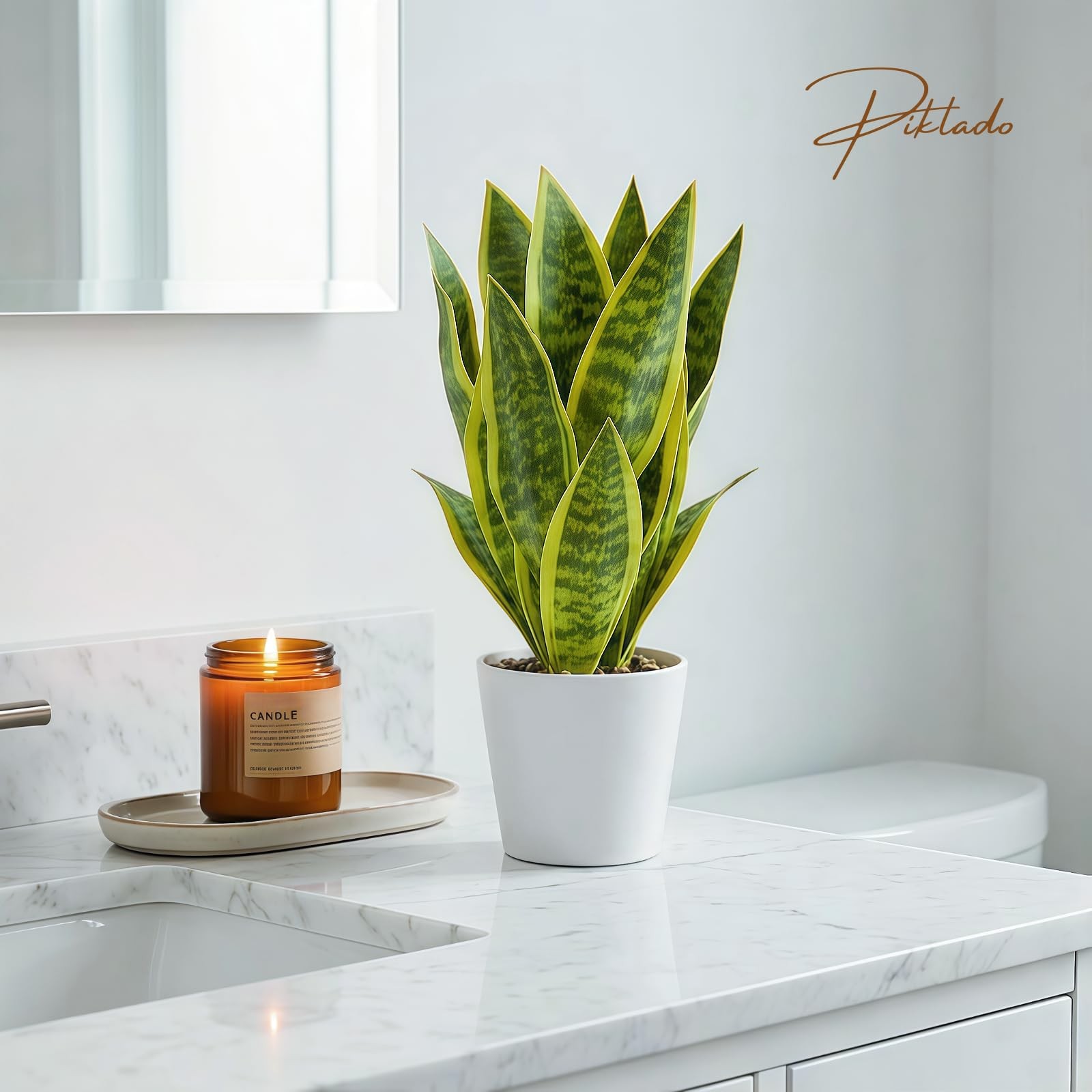 2 PCS 15.5 Inch Green Yellow Artificial Sansevieria Snake Plant White Pot