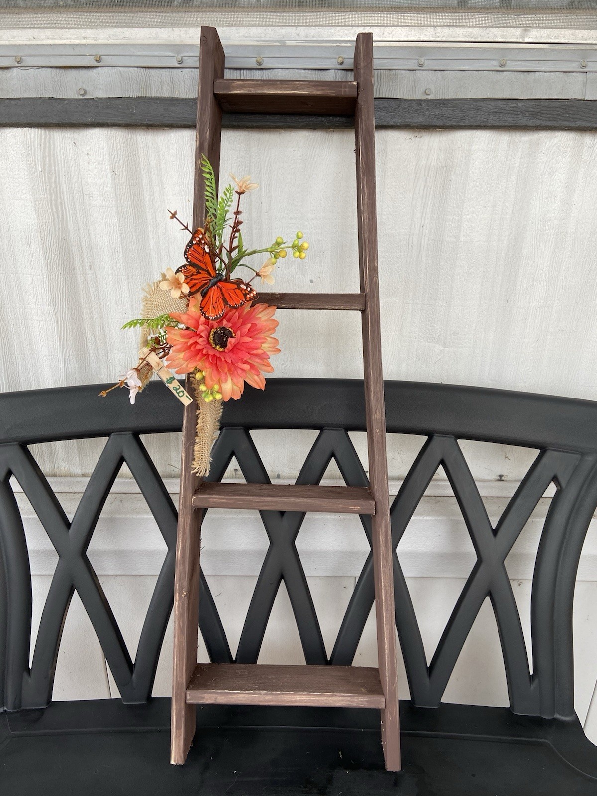 Farmhouse ladder, Burnt Umber With butterfly, Greenery & Burlap Ribbon