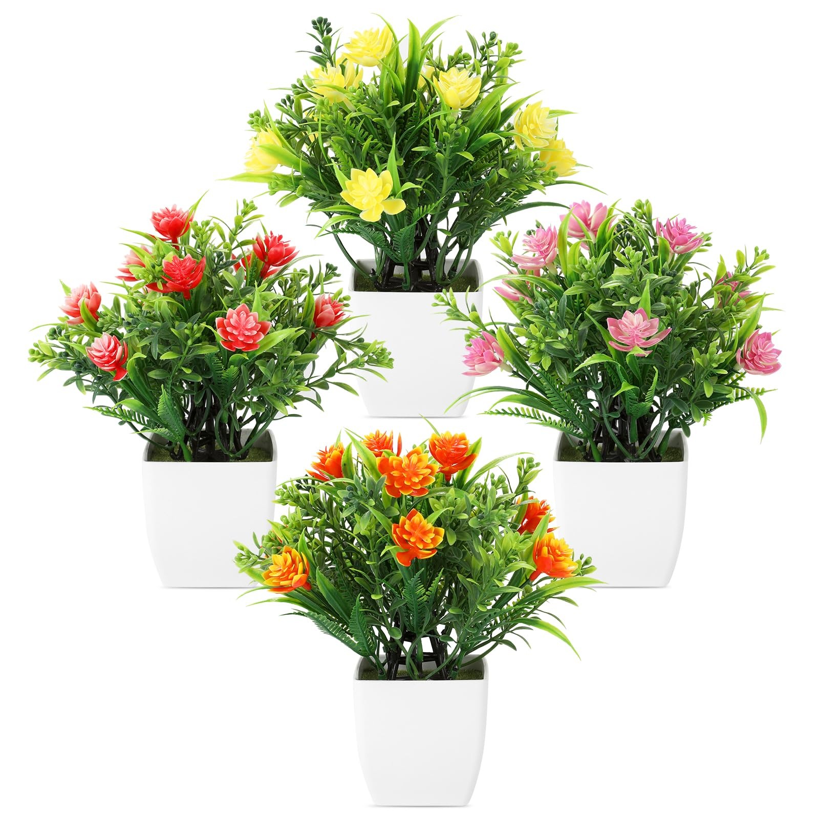 4 PCS Small Artificial Plants With Flowers Mini Fake Potted Decor For Home