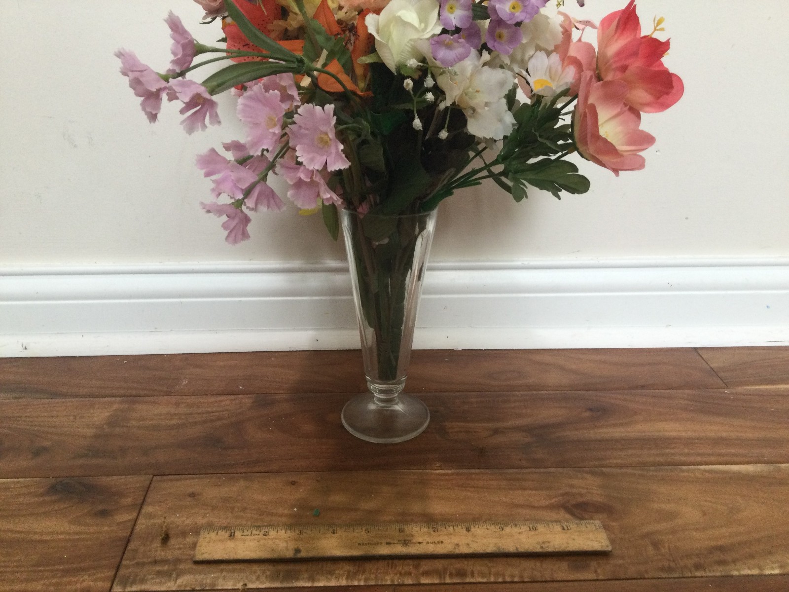vintage floral arrangement faux flowers silk in a pedestal glass lilies pink