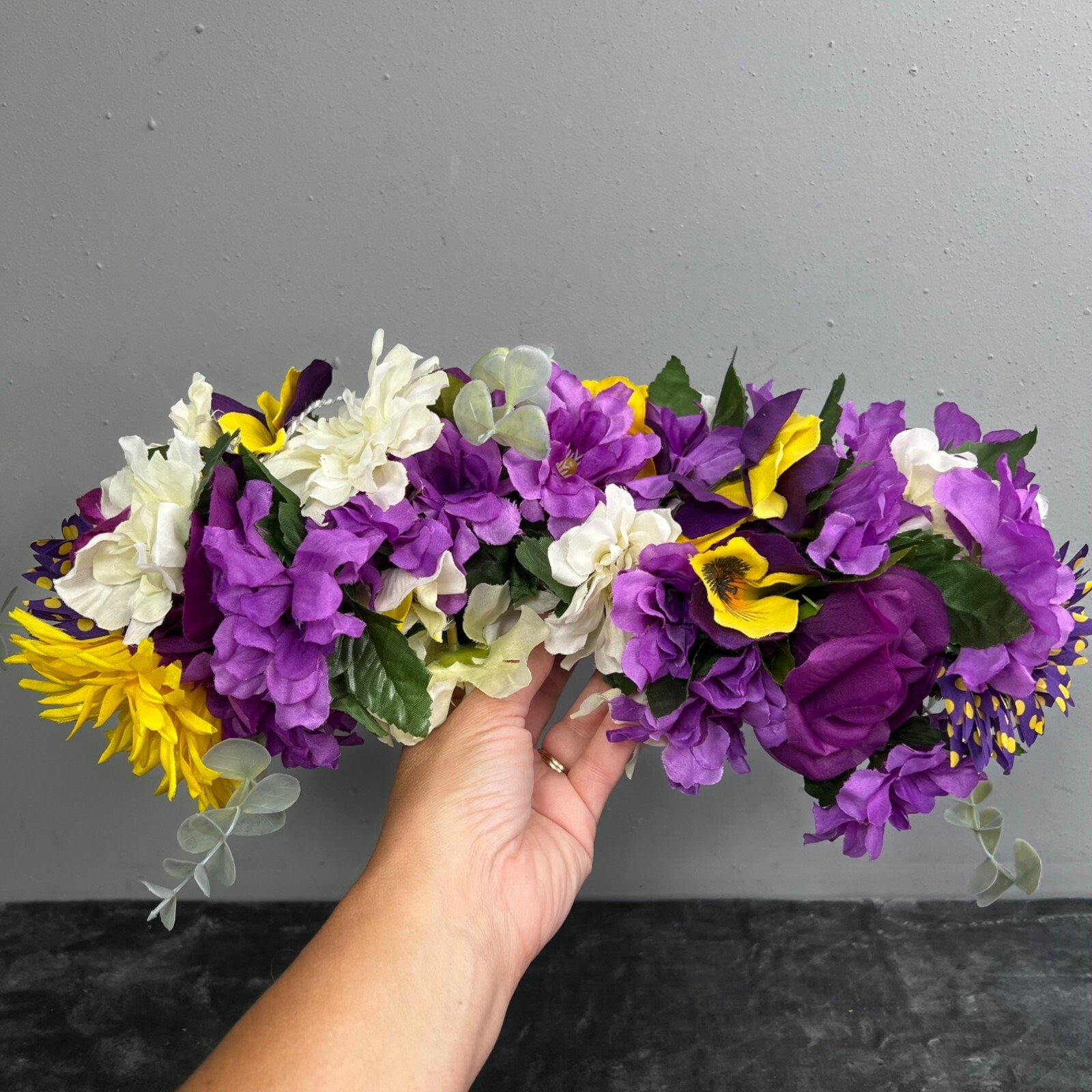 Floral Swag Purple Yellow White Green Faux Flowers Arch Curved Wood Sign Wedding