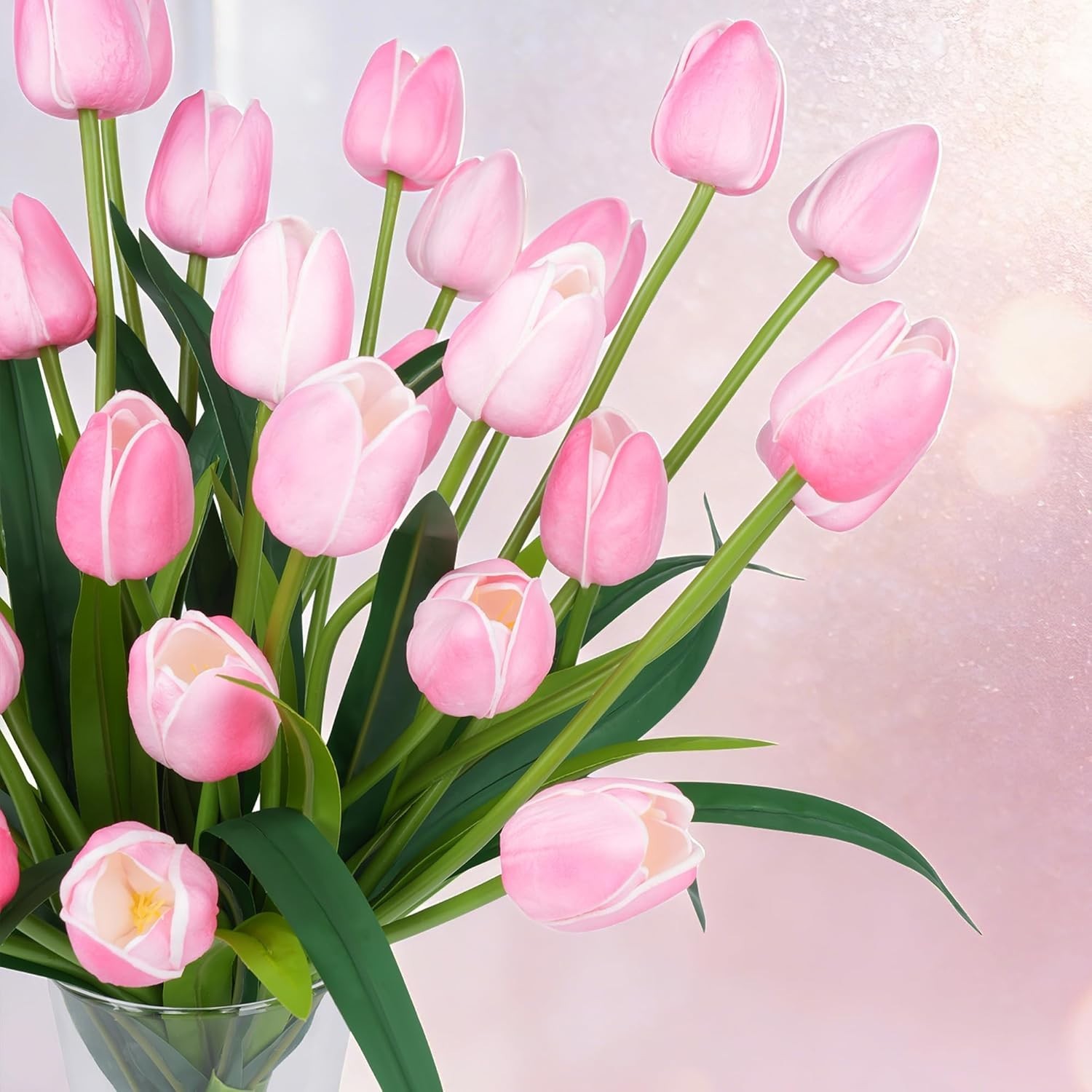 Artificial Tulip Flowers-Homsunny 18.9″ Large Pink – 30-Pack Faux Tulips-Decor