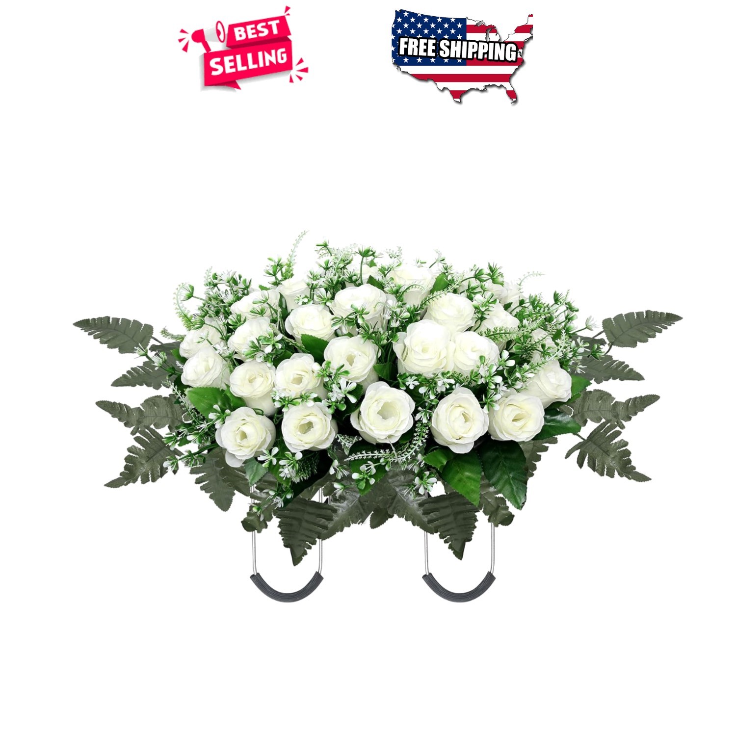 Headstone Flower Saddle Large White Artificial Roses for Cemetery Grave Decor