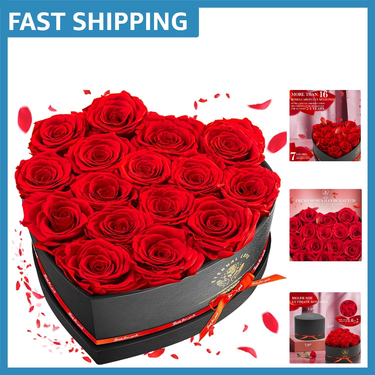Eternal Red Rose Set of 16 – Heart-Shaped Box for Birthdays & Anniversaries