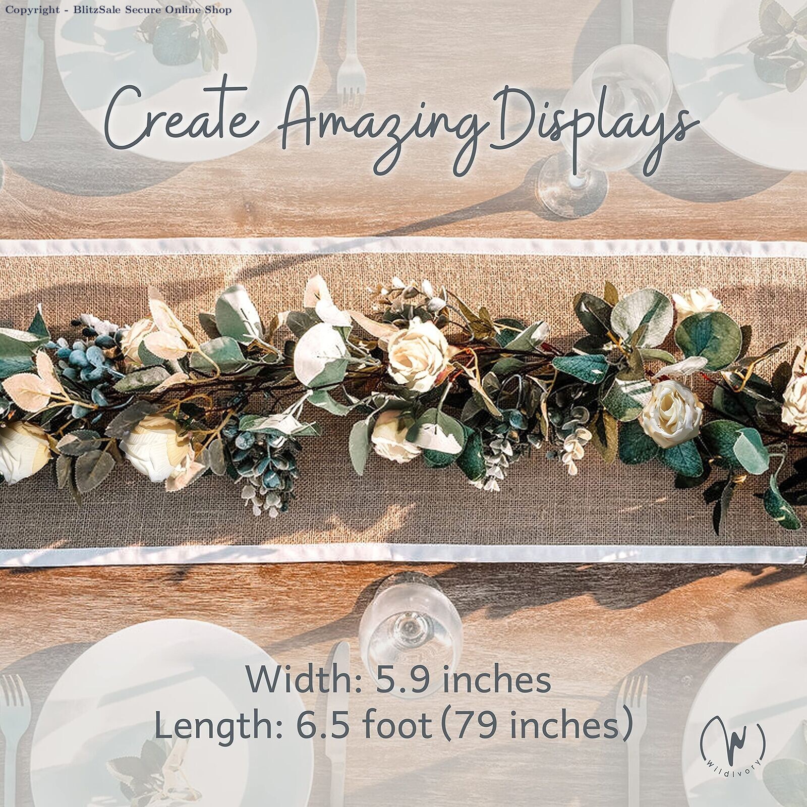 6 Pack Artificial Eucalyptus Garland with 17 Ivory Cream Roses – Wedding Floral