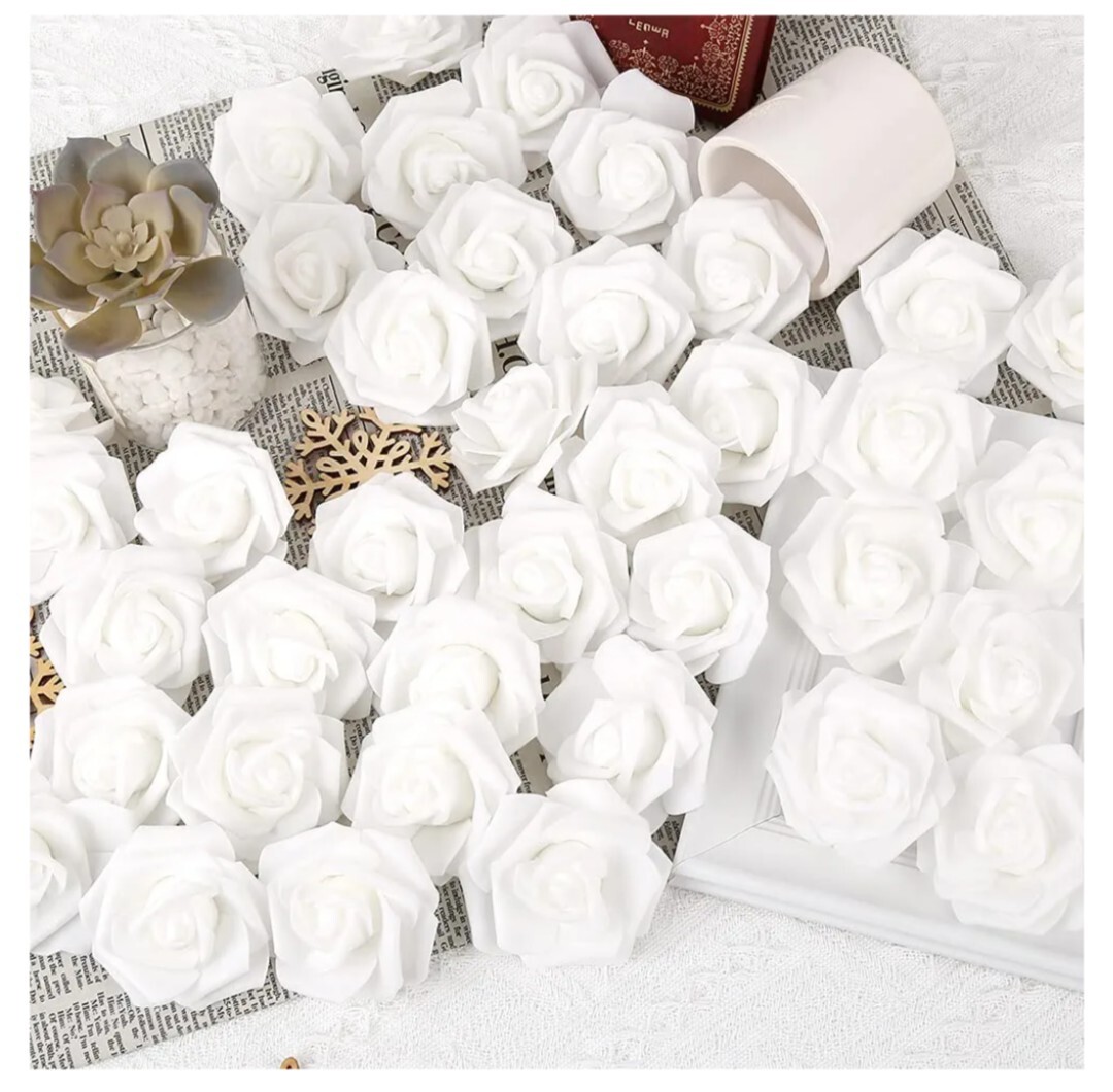 IPOPU 100 Pcs Artificial Rose Flower Heads Real Looking WhiteFoam Fake Roses B23