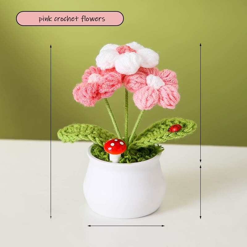 Pink Crochet Puff Flowers Cute Potted Plants Car Dashboard Home Decor Gift