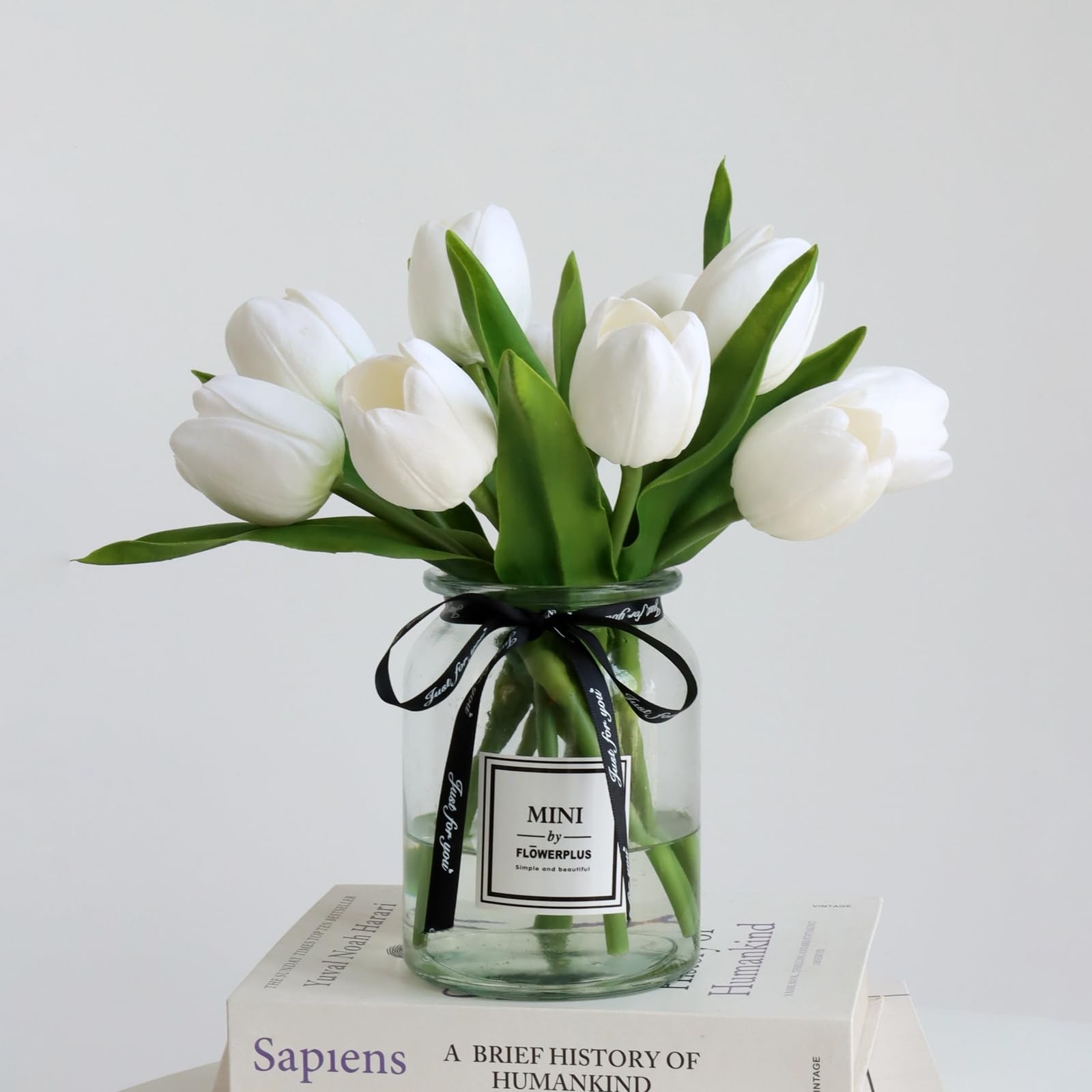 10 PCS Fake White Tulips Silk Artificial Flowers Real Touch Decor With Vase
