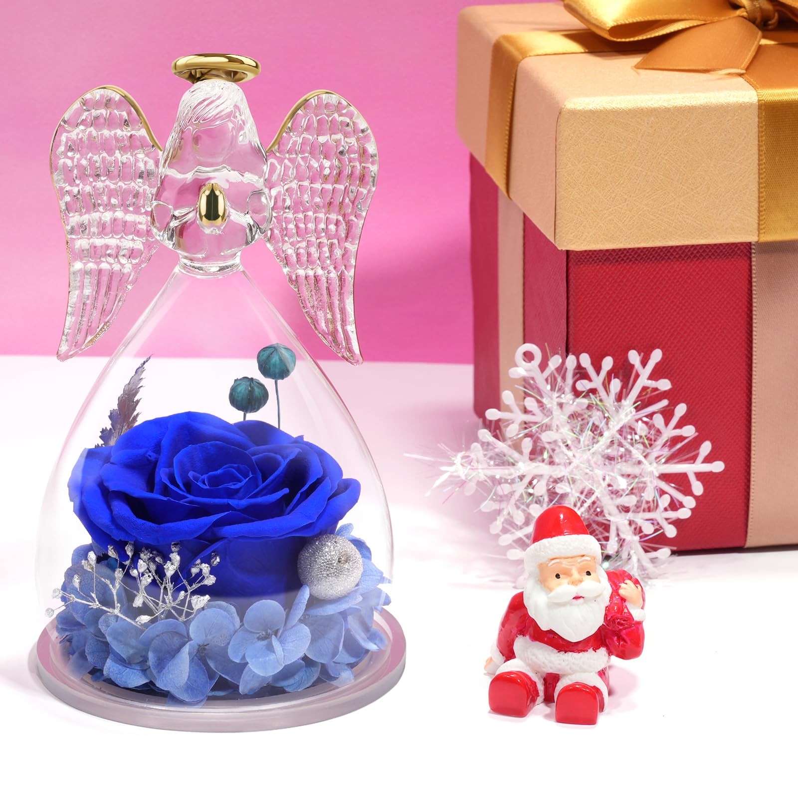 Angel Figurine Gift, Real Preserved Rose, Mom Birthday, Mothers Day, Blue