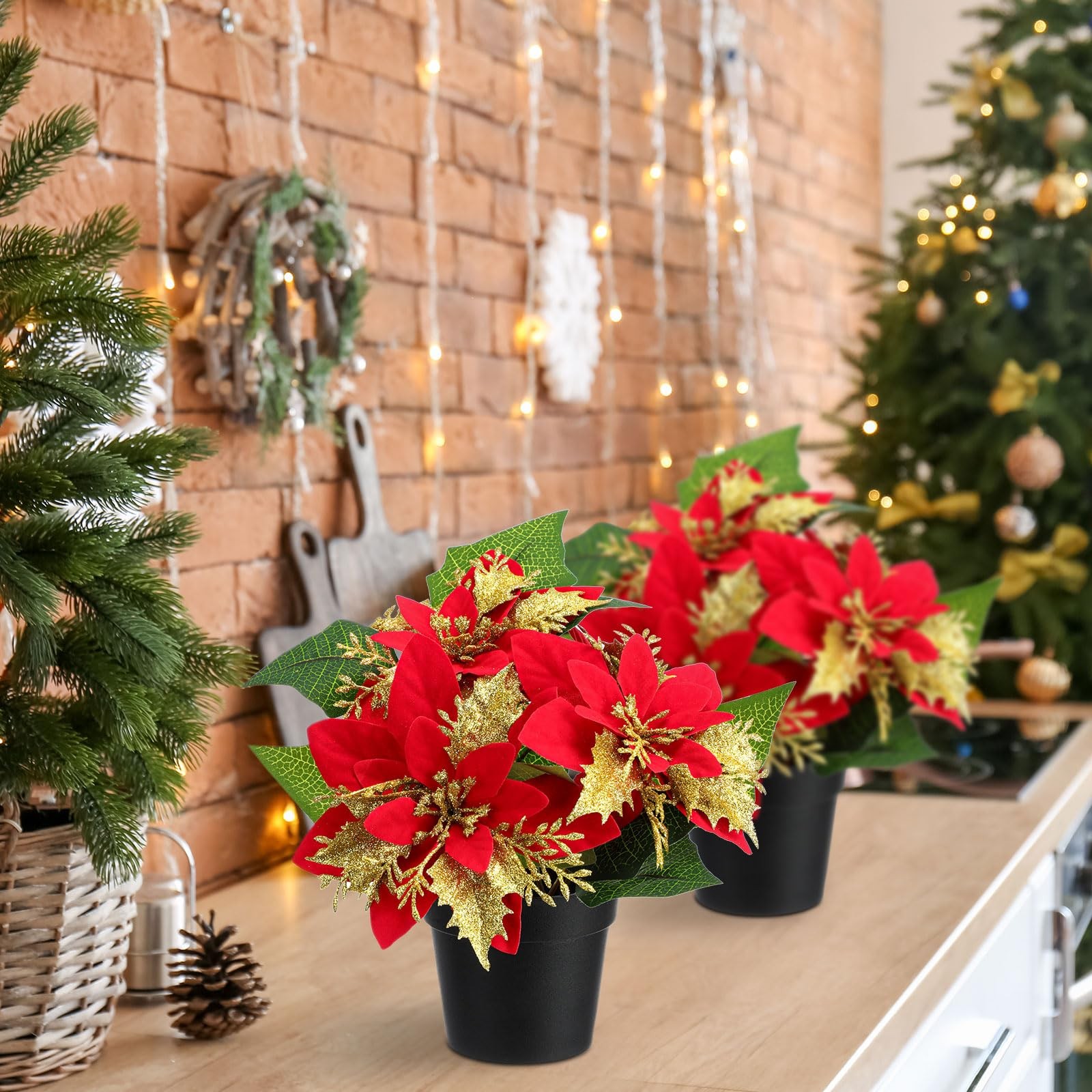 4 Pack 9 Inch Mini Artificial Faux Red Glitter Poinsettias Plants Tabletop