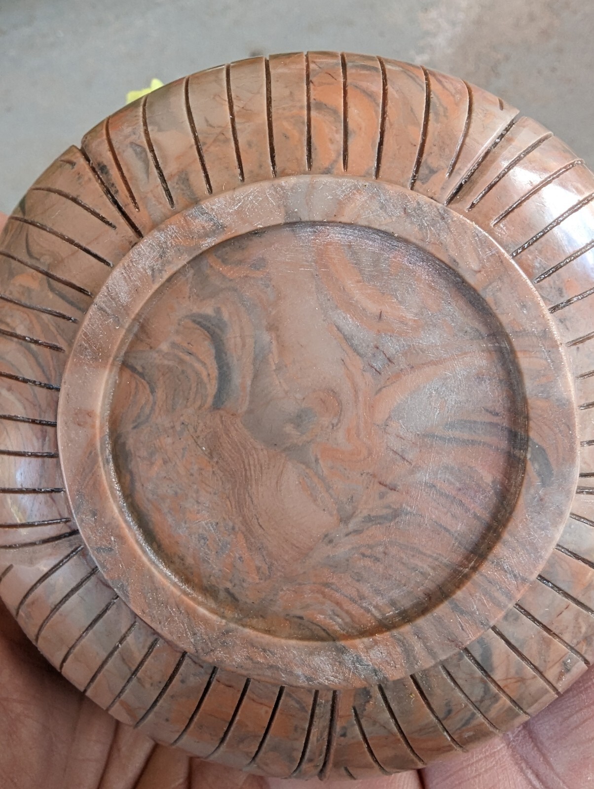 Carved Stone Lotus Bowl Repurposed W/Faux Succulents 5 In. Tall 4 In Wide