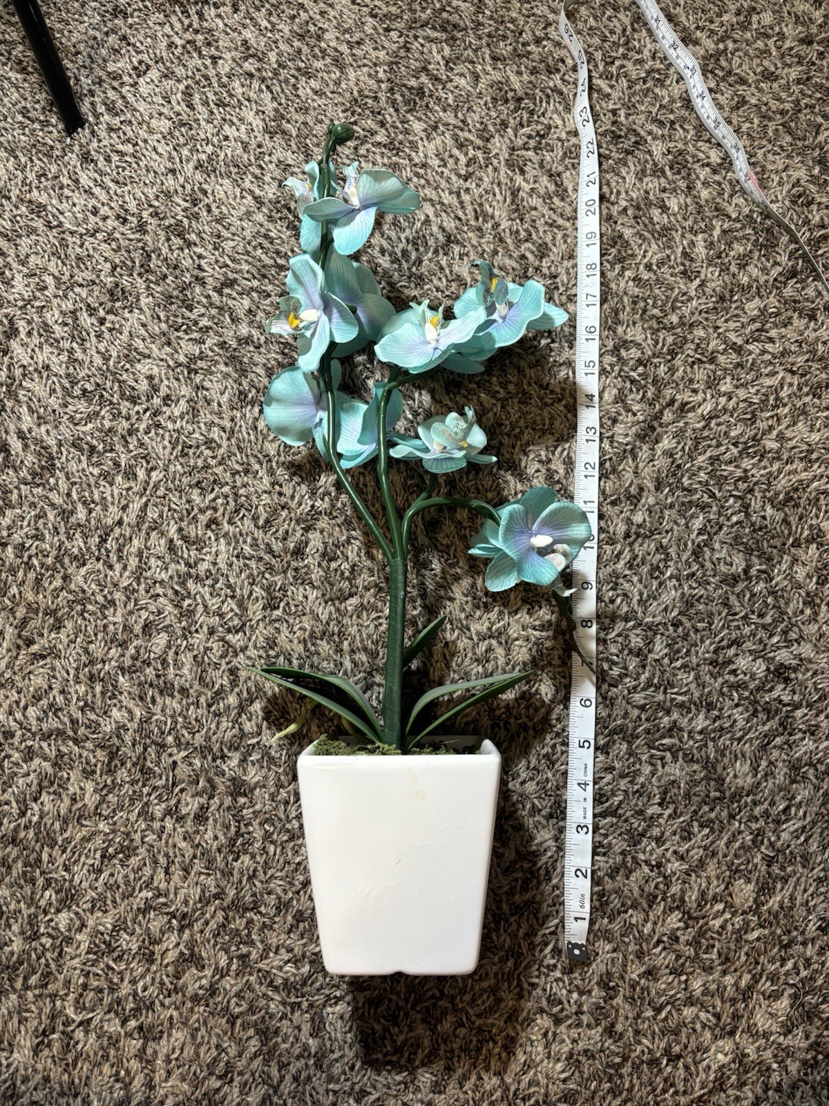Artificial Orchid Plant in White Ceramic Pot – 23” Tall – Teal Blue Flowers