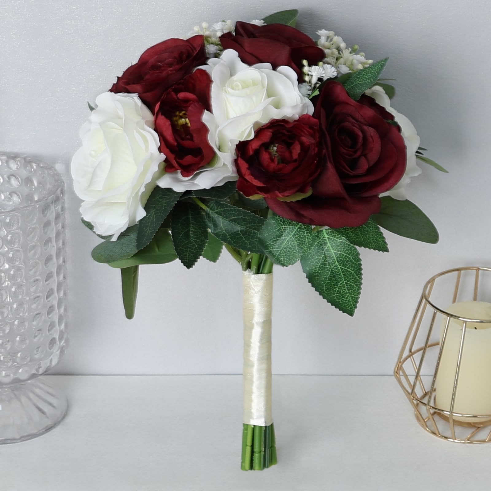 Burgundy White Silk Rose Peony Bridesmaid Bouquets Wedding Decor 11″ 2 PCS
