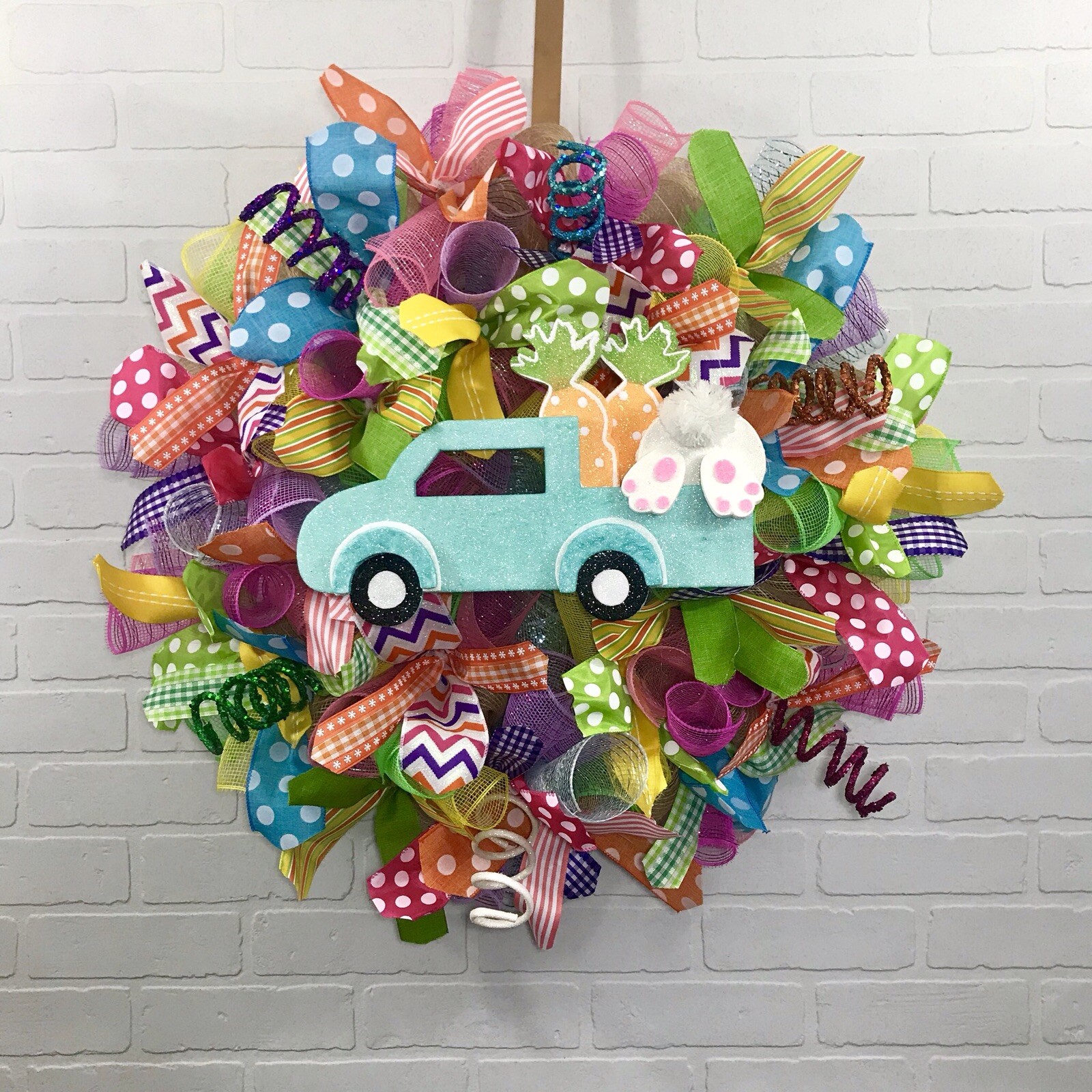 Easter, Spring, Bright, Pink, Blue, Yellow, Fun, Whimsical, Deco Mesh Wreath