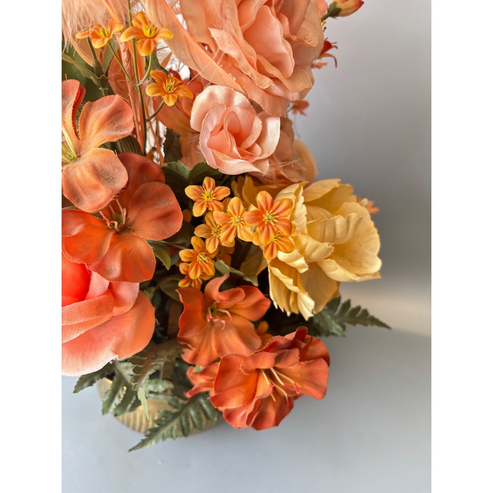 Vtg Silk Floral Arrangement Peach Feathers Roses Brass Bowl Made in India 15″