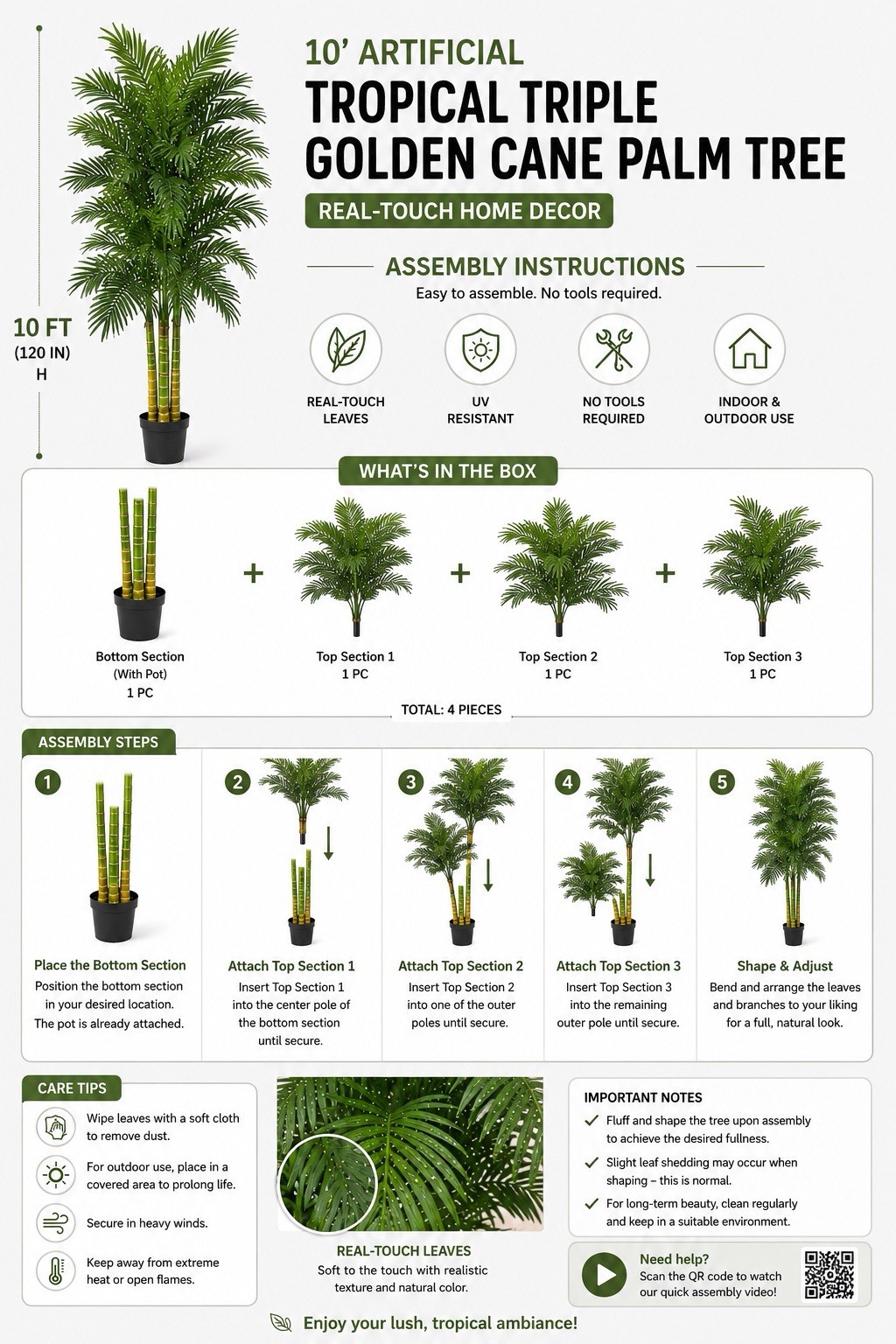 10’ Artificial Tropical Triple Golden Cane Palm Tree Real-Touch Home Decor