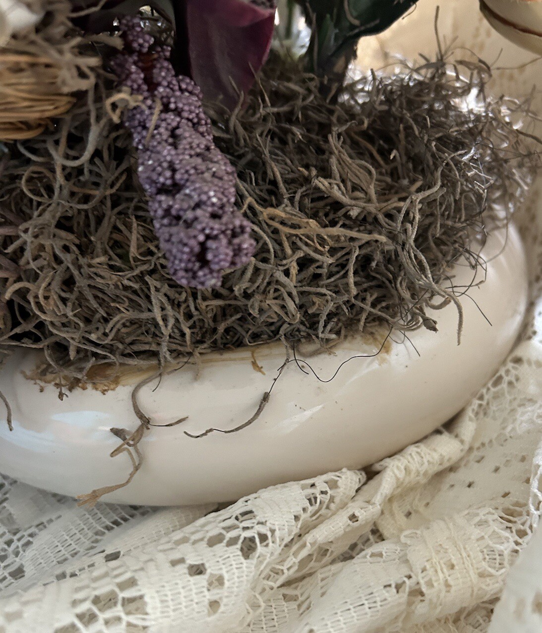 Exotic Artificial Floral Arrangement In A Porcelain Dish Made In Portugal