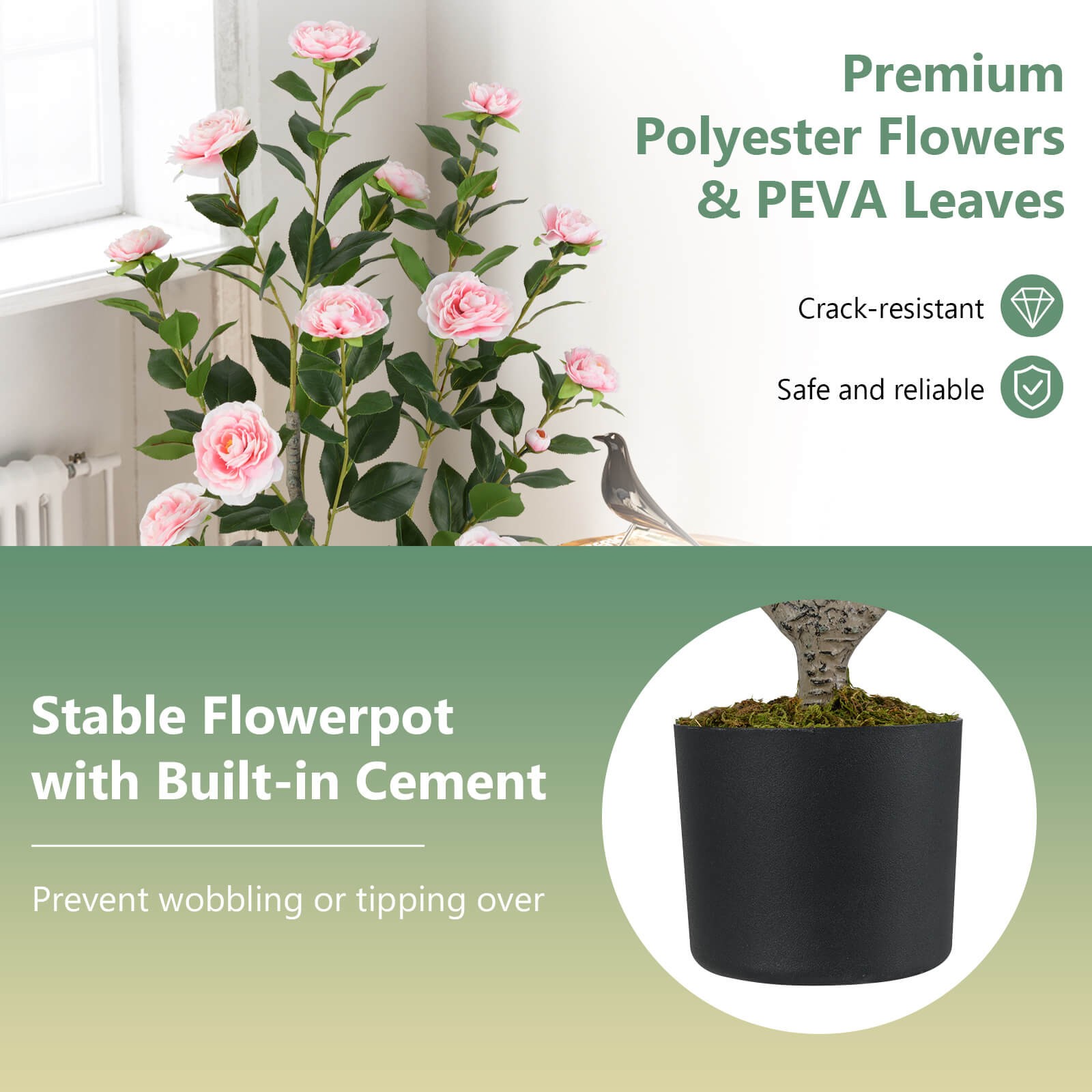 36″ Artificial Camellia Tree Fake Potted Tree Greenery Floral Plant Modern
