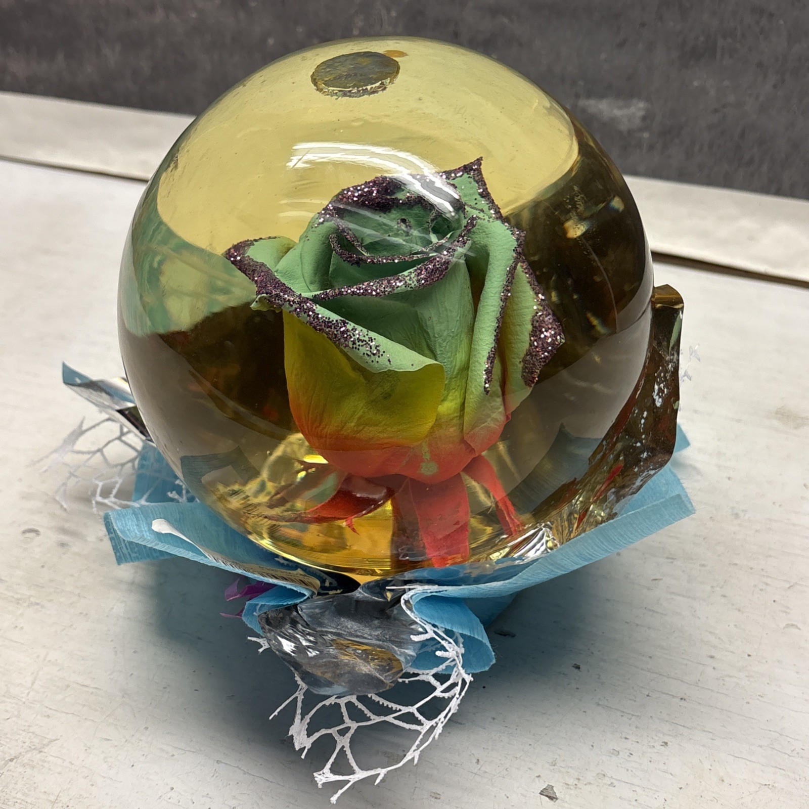 Beautiful Preserved Real Rainbow Rose in Glass Water Ball Dome Globe 5.5”