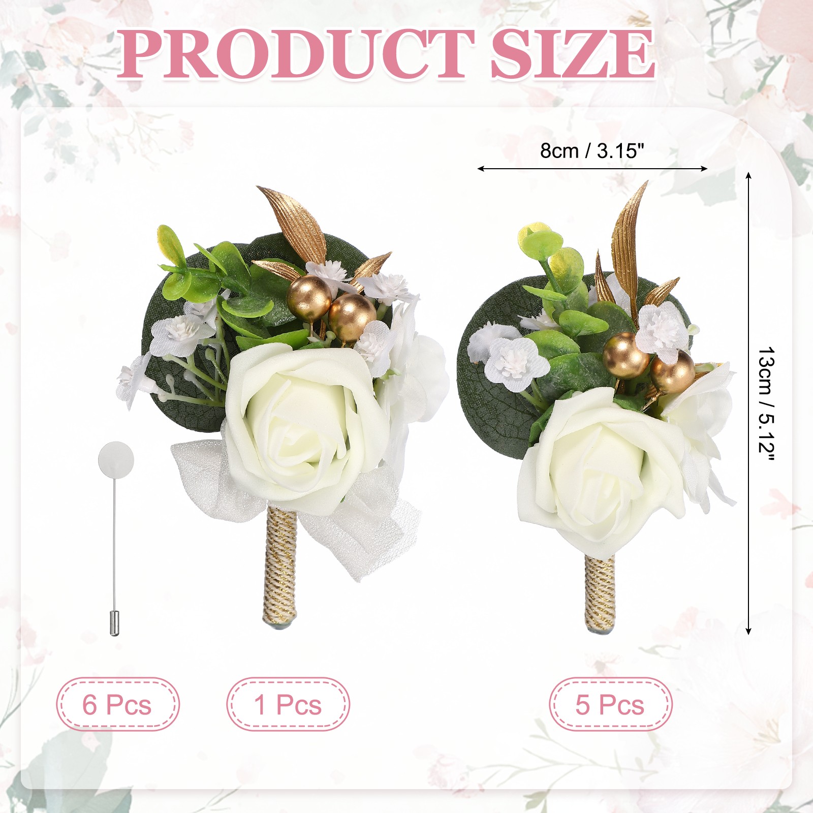 Mens Boutonnieres for Weddings, 6 Pcs Rose Boutonnieres, White/Beige