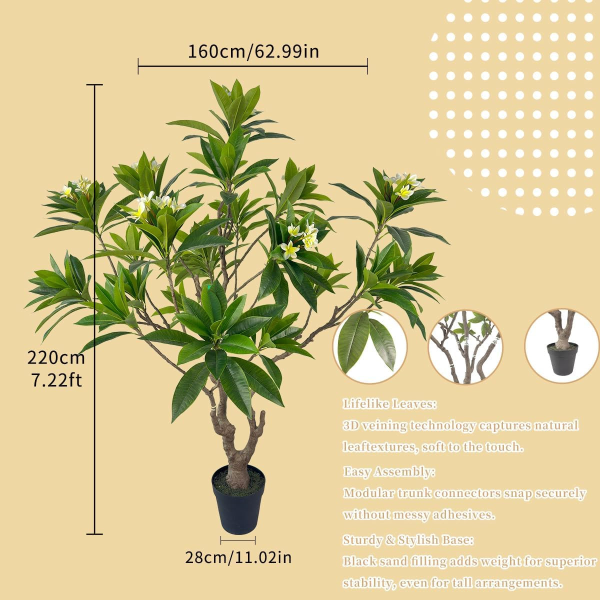 Artificial Plumeriatree with White Flowers, 7 Ft Tall, Potted Plumeria Plant for