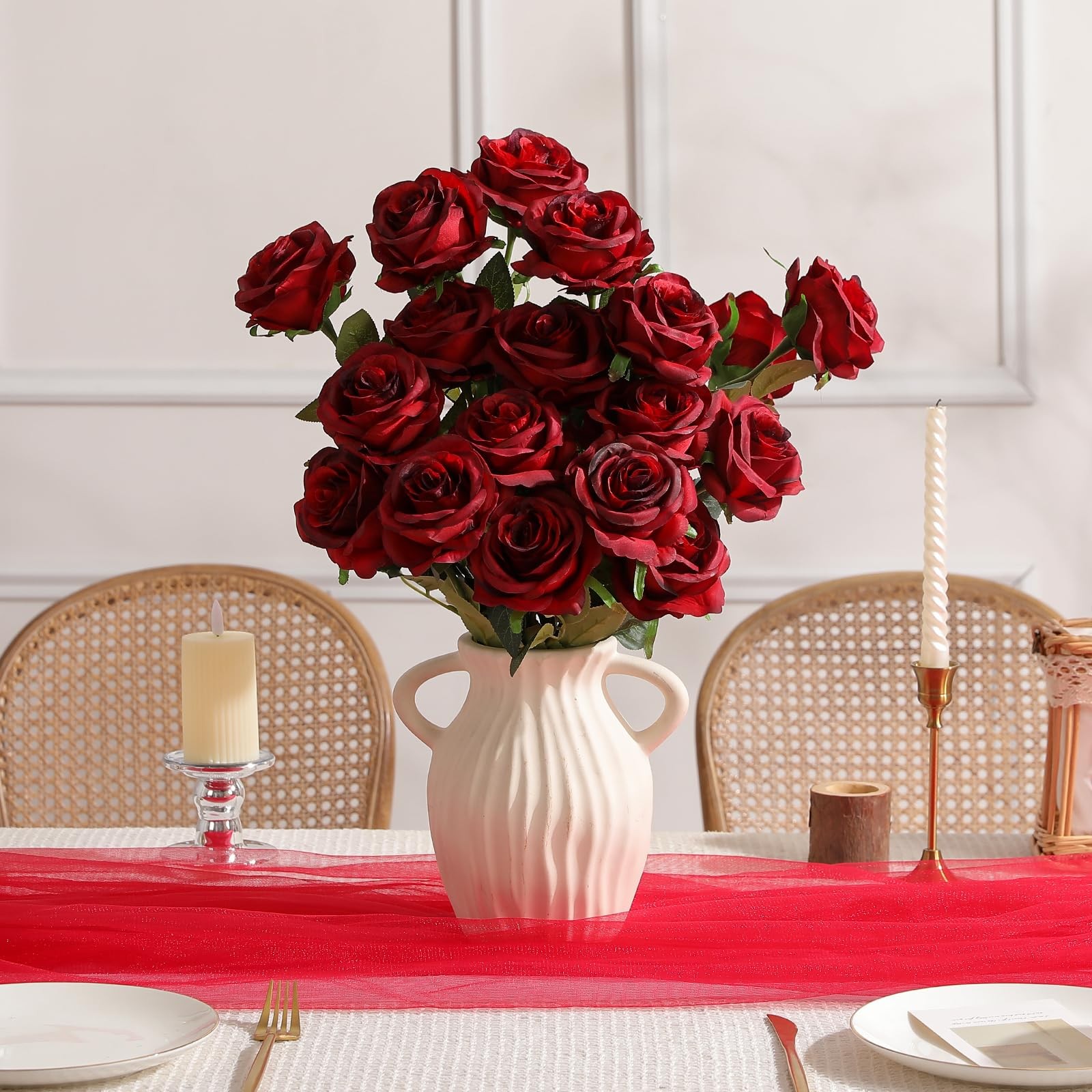 Nubry 24pcs Artificial Burgundy Roses, Fake Silk Roses Flower with
